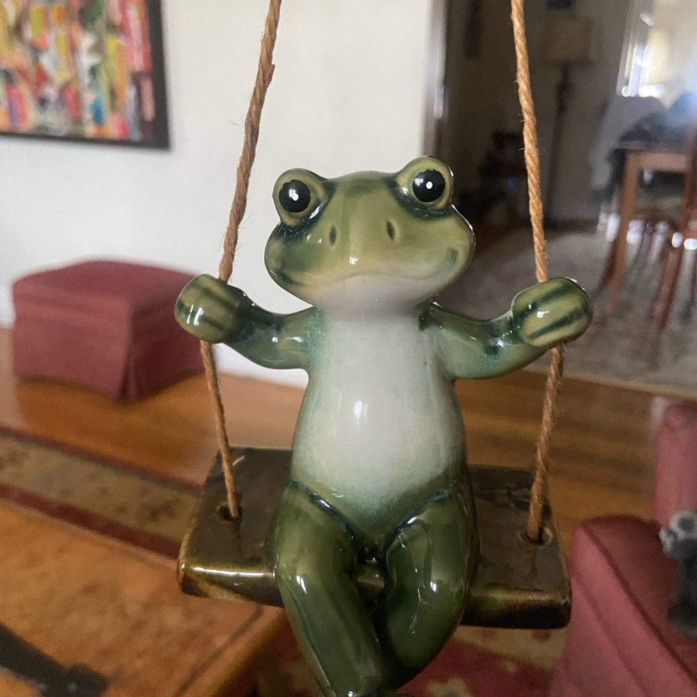 Vintage Glossy Ceramic Frog on a Swing Figurine